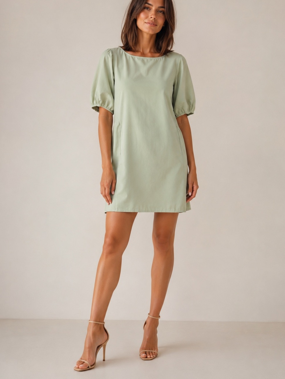 STAUD Mint Green Puff Sleeve Tunic Dress